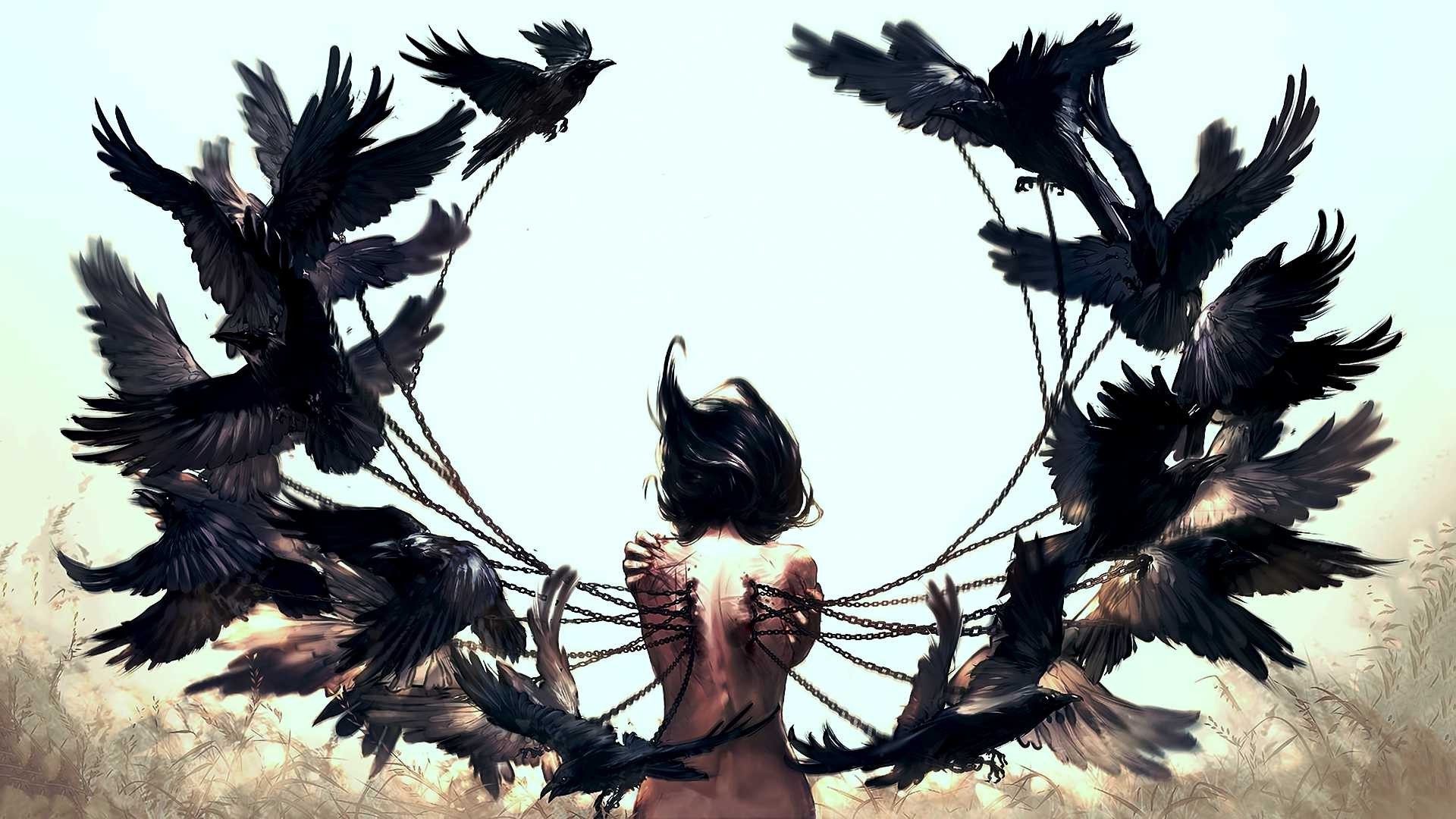 women back wings birds chains artwork Wallpaper