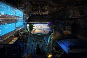 purple hair barefoot science fiction artwork fantasy art cat interiors plants bed futuristic