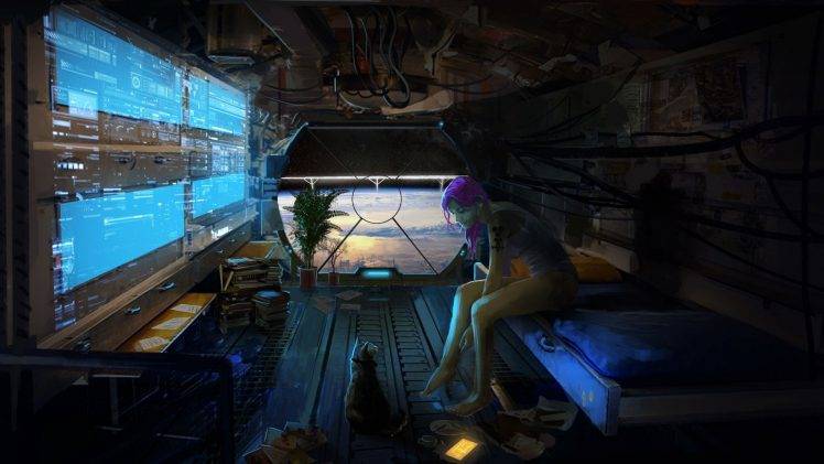 purple hair barefoot science fiction artwork fantasy art cat interiors plants bed futuristic HD Wallpaper Desktop Background