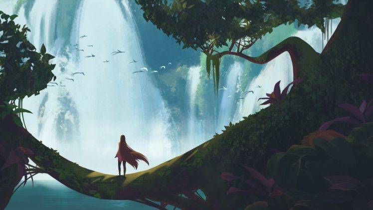 lake waterfall birds trees fantasy art HD Wallpaper Desktop Background