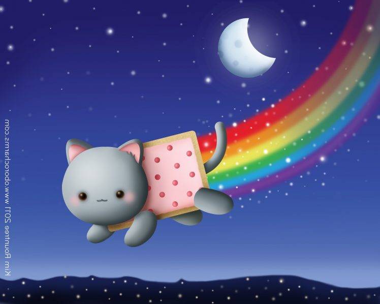 cat feline animals food memes rainbows moon stars sky night nyan cat HD Wallpaper Desktop Background