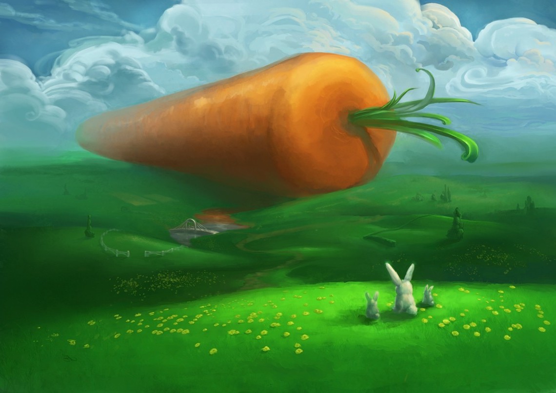 rabbits carrots food flowers yellow flowers grass bridge sky clouds animals trees river plants baby animals Wallpaper