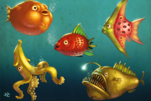 fish underwater water food fruit strawberries orange fruit bananas watermelons pears anglerfish squids animals