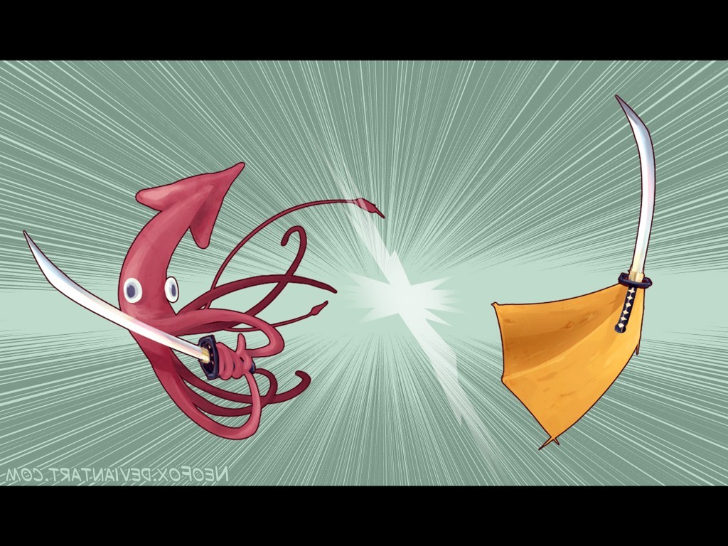 katana battle squids cheese food weapon animals fighting Wallpaper