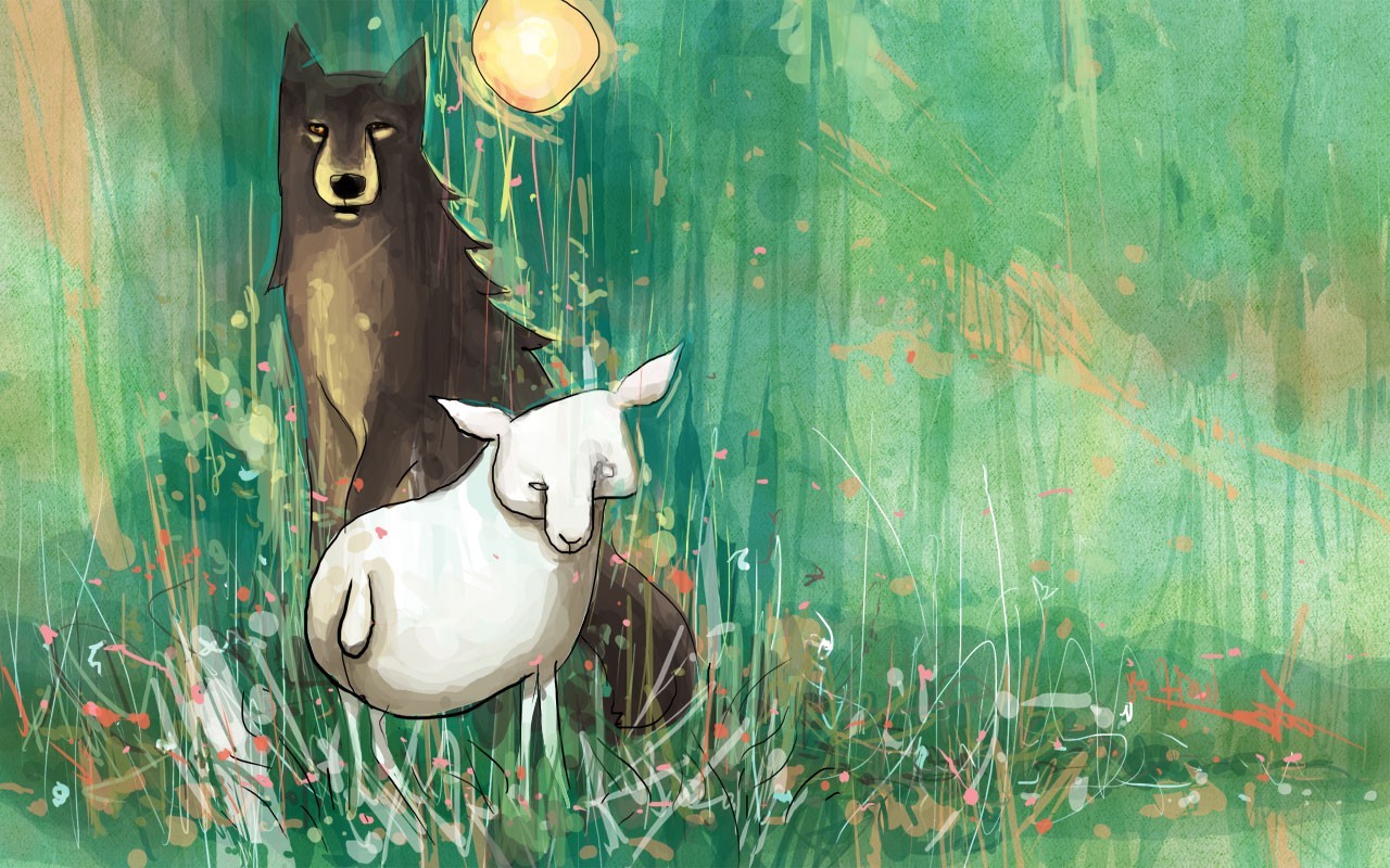 moon grass plants sheep wolf animals Wallpaper