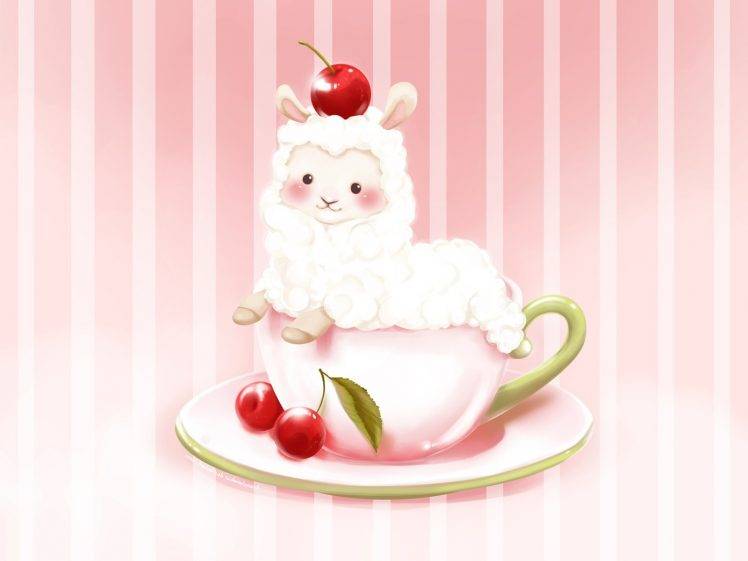 cup plates cherries food animals alpacas HD Wallpaper Desktop Background