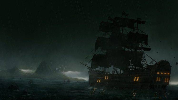 ship old ship island rocks birds storm water sea rain clouds sailing HD Wallpaper Desktop Background