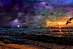 painting sunset storm birds beach