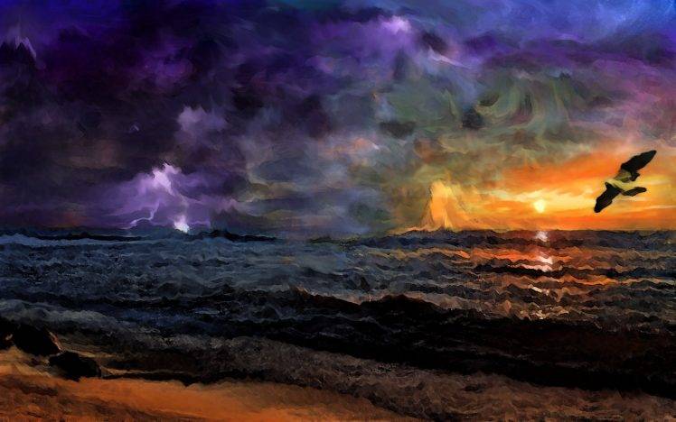 painting sunset storm birds beach HD Wallpaper Desktop Background
