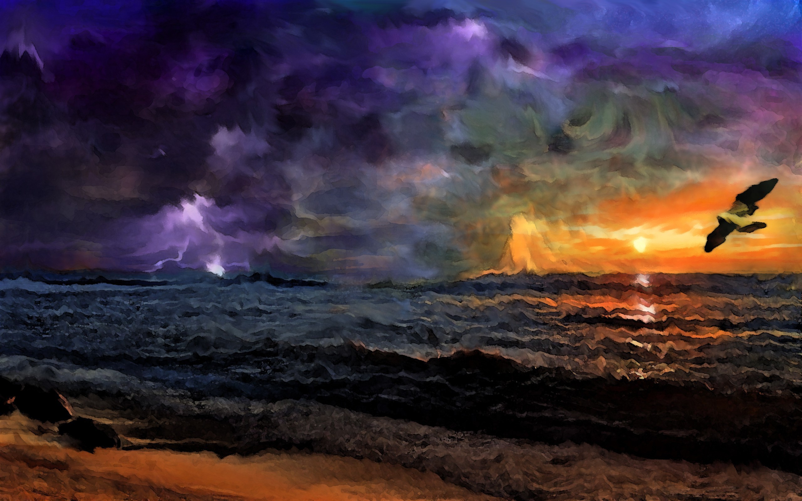 painting sunset storm birds beach Wallpaper