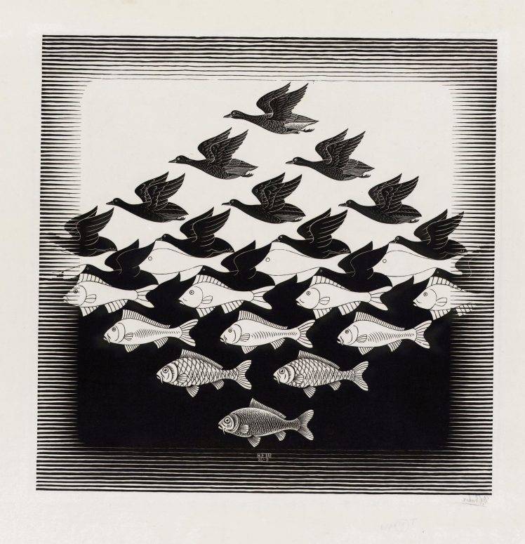 m  c  escher artwork optical illusion drawing monochrome animals birds fish illustration signatures HD Wallpaper Desktop Background