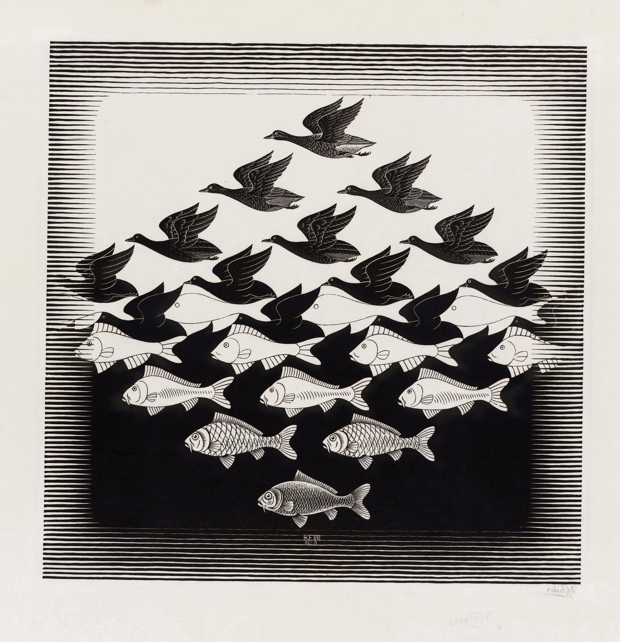 m  c  escher artwork optical illusion drawing monochrome animals birds fish illustration signatures Wallpaper