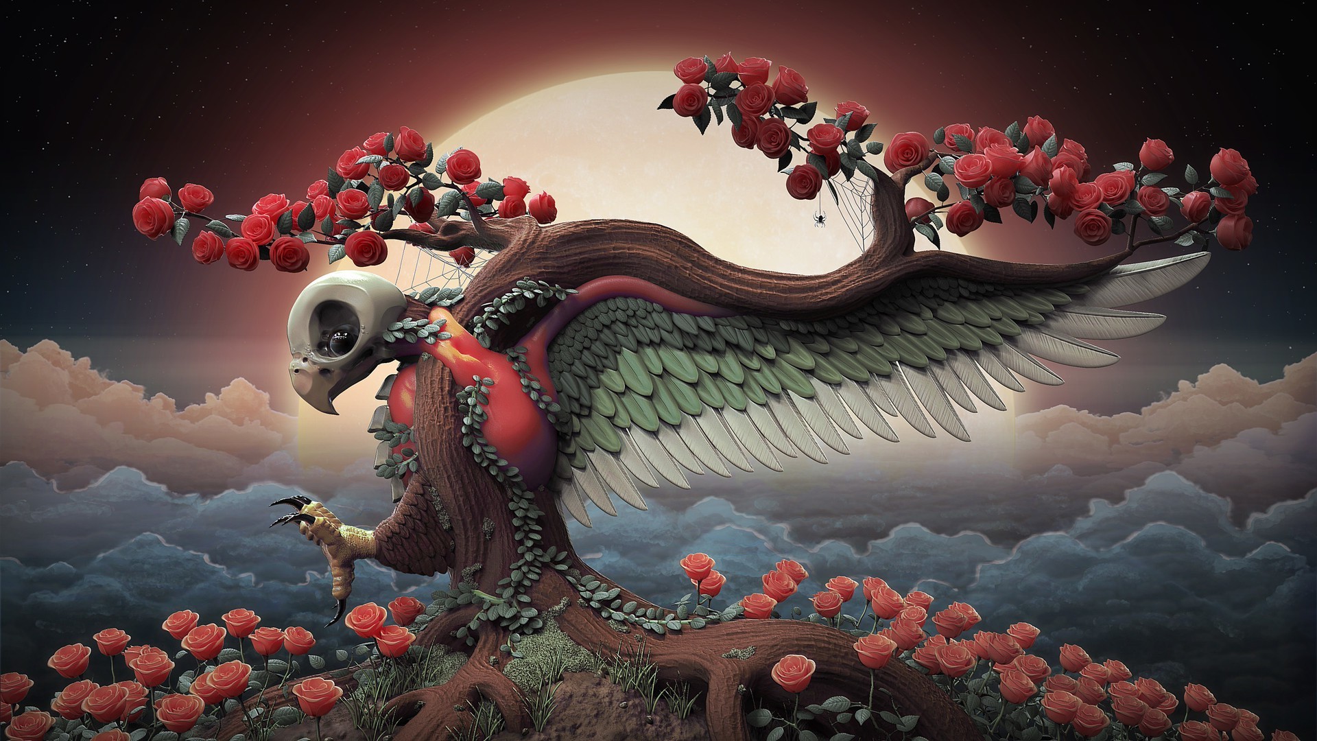 birds trees skull rose Wallpaper