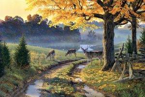 nature painting path animals trees deer