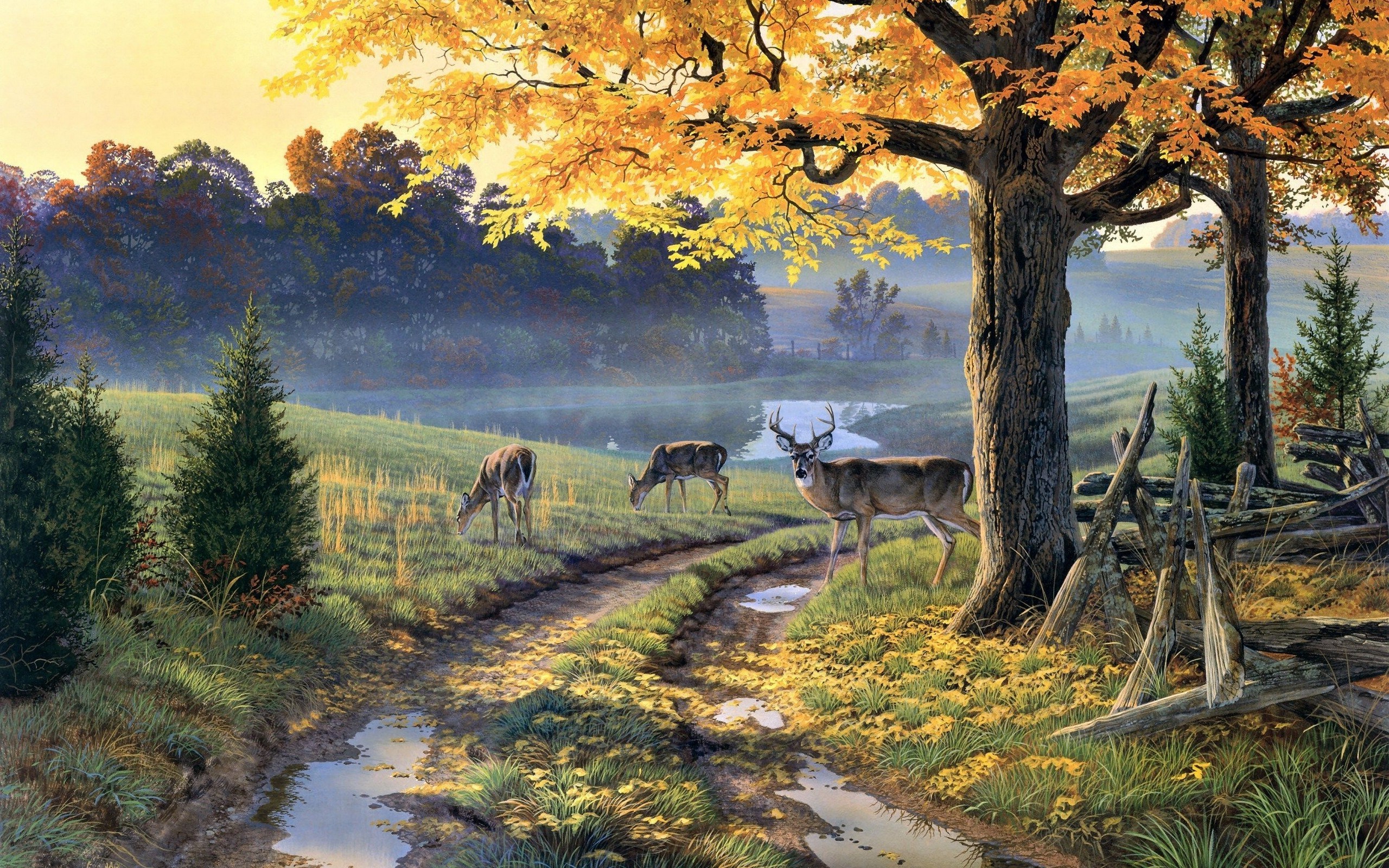 nature painting path animals trees deer Wallpaper