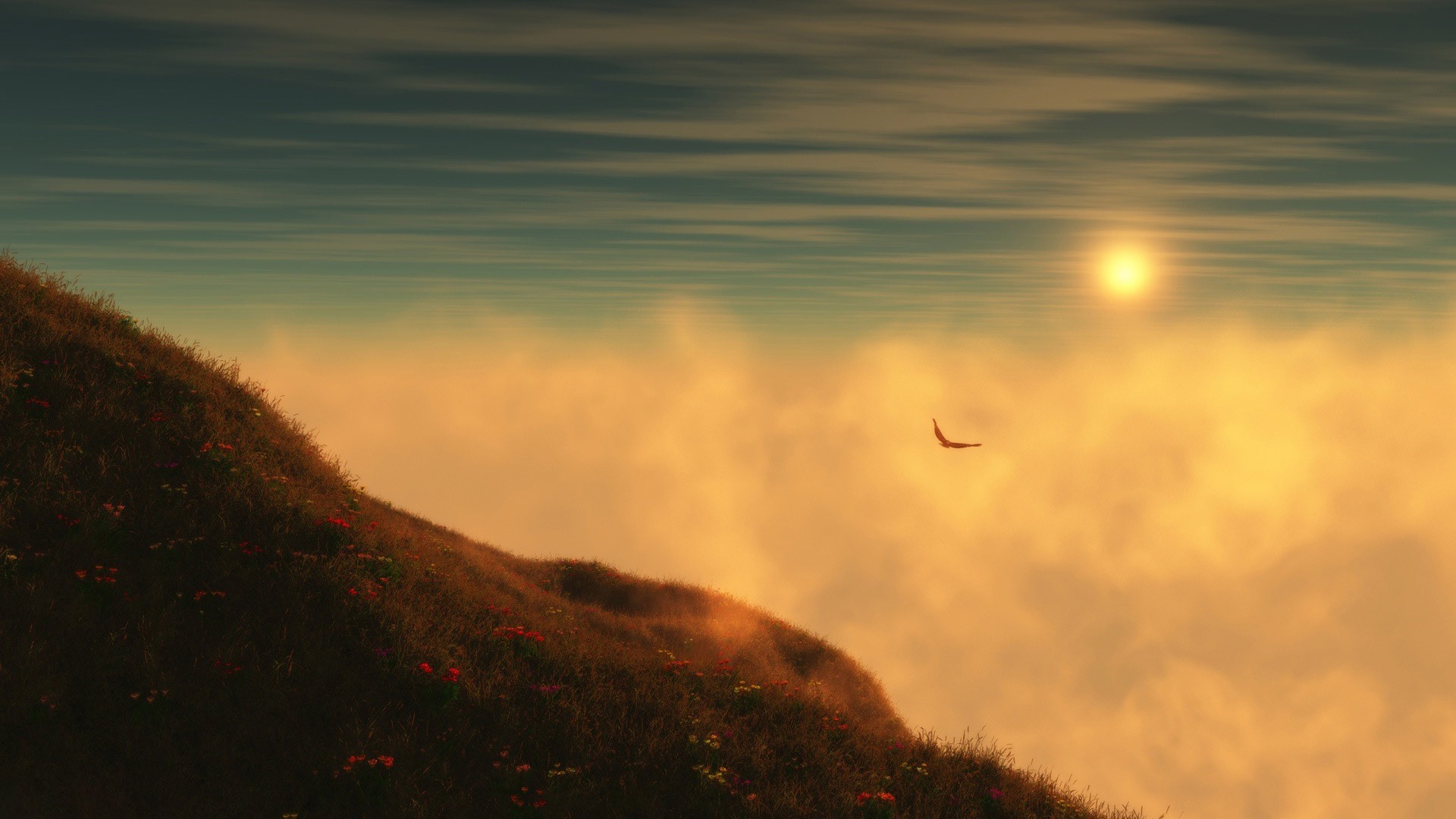 sky birds sunset clouds grass mountain Wallpaper