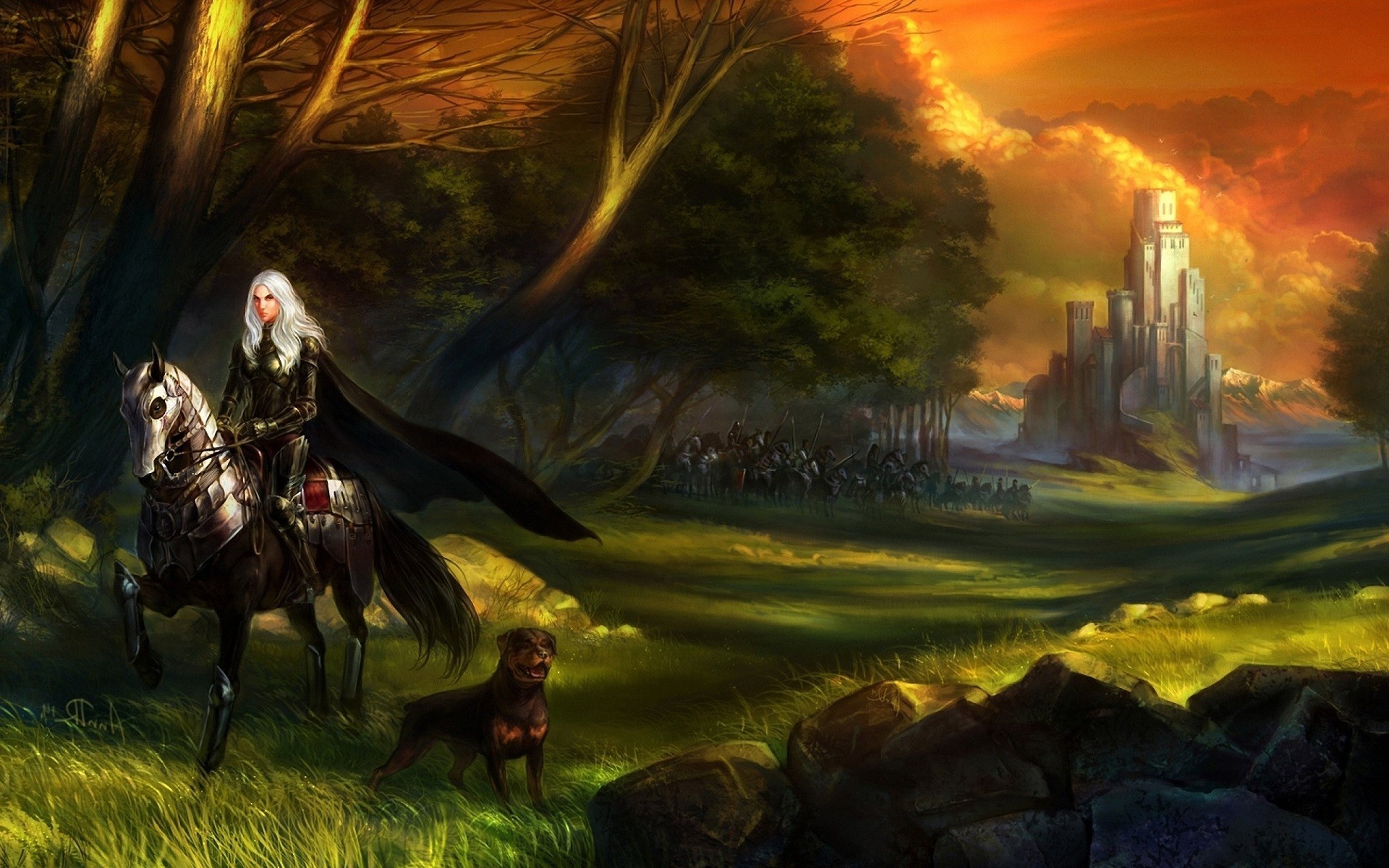 warrior women white hair artwork fantasy art knights dog horse army castle forest trees armor cloaks Wallpaper
