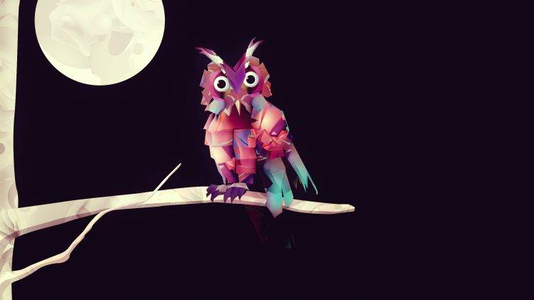 animals birds owl night moon trees branch low poly simple background HD Wallpaper Desktop Background