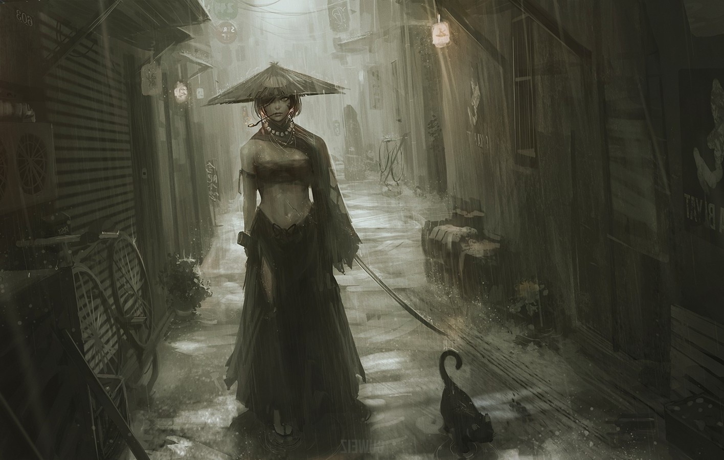 walking asian alleyway cat rain Wallpaper