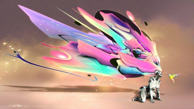 digital art fantasy art cgi robot birds parrot colorful surreal HD Wallpaper Desktop Background