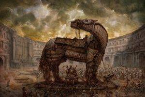 workers mongols ancient old horse building clouds artwork fantasy art statue weapon looking at cards wood architecture trojan horse