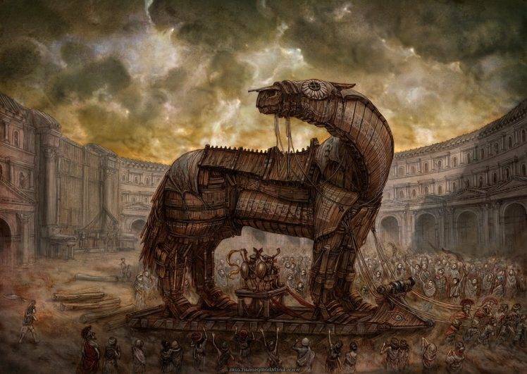 workers mongols ancient old horse building clouds artwork fantasy art statue weapon looking at cards wood architecture trojan horse HD Wallpaper Desktop Background