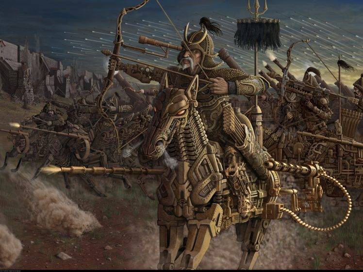 warrior soldier mongols ancient old horse fantasy art weapon machine arrows war building bow turk smoke wall HD Wallpaper Desktop Background