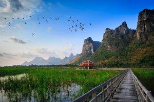 thailand thai hills mountians rock nature water birds sky clouds walkway trees fresh relaxing landscape