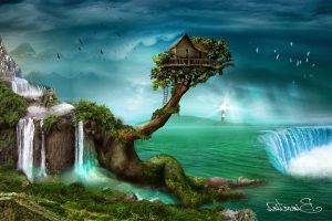 fantasy art artwork digital art pixelated science fiction mountains fall house open clothes birds water lighthouse trees