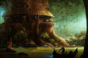 fantasy art digital art pixelated artwork science fiction trees forest plants dark boat treehouses birds river house lights