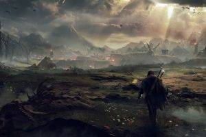 warrior fantasy art digital art artwork pixelated mountains clouds sky dead trees trees forest sun rays birds alone mist middle earth  shadow of mordor