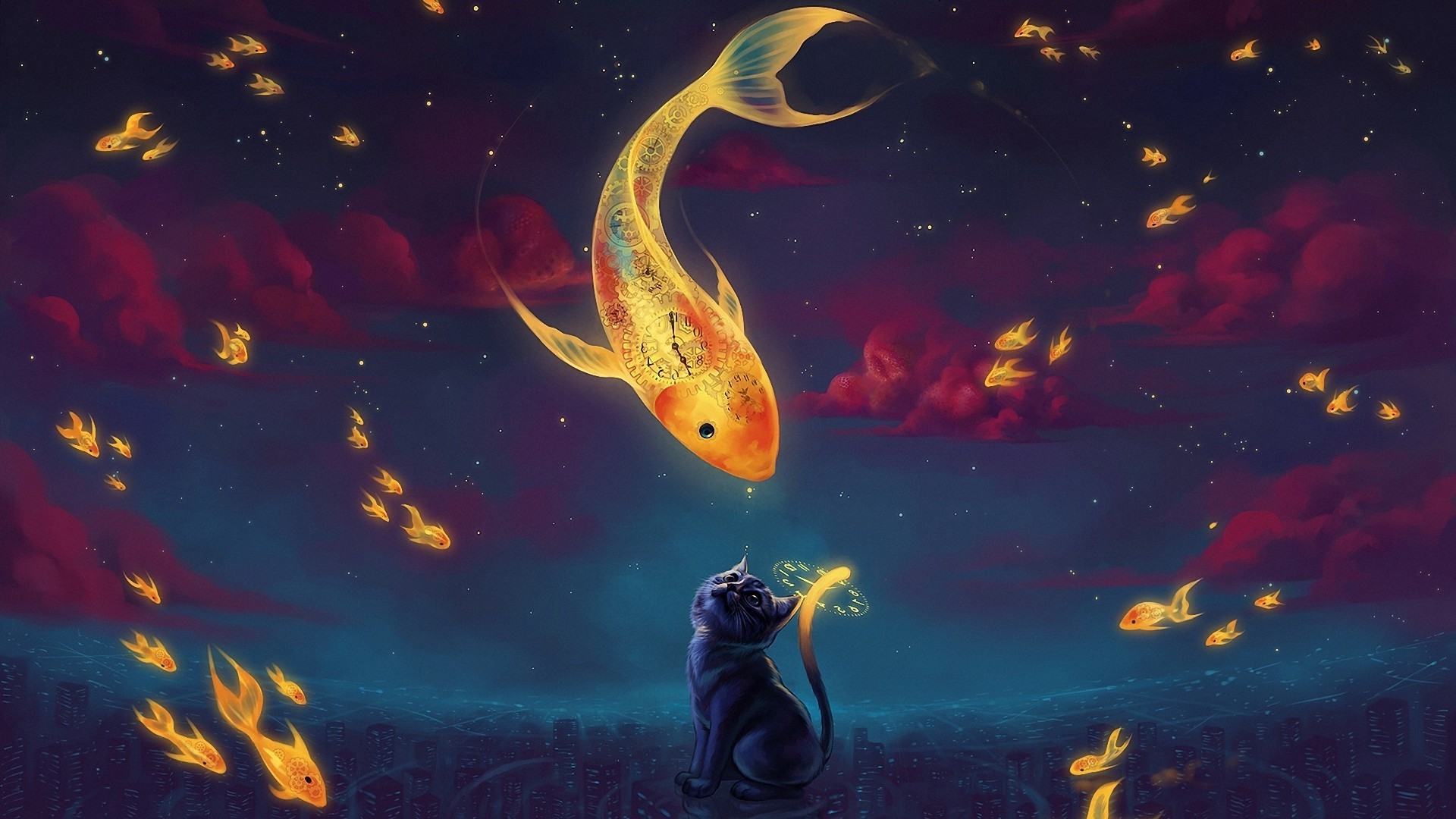 nature animals digital art surreal cat fish goldfish clockwork dials watches clouds numbers skyscraper night stars fantasy art Wallpaper