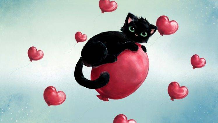 cat balloons black cats hearts HD Wallpaper Desktop Background