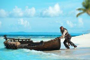 pirates of the caribbean johnny depp jack sparrow men boat beach sea