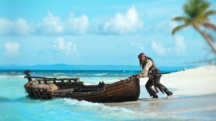 pirates of the caribbean johnny depp jack sparrow men boat beach sea HD Wallpaper Desktop Background