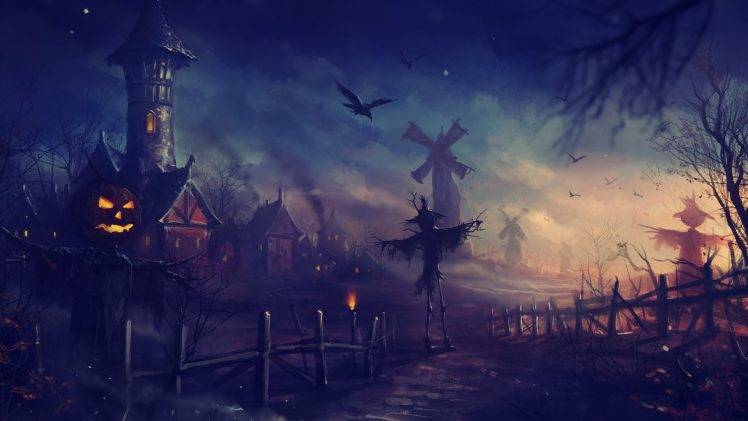 artwork halloween haryarti scarecrows windmills spooky HD Wallpaper Desktop Background