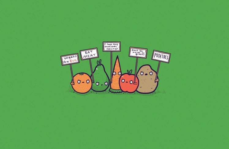 threadless simple veganism orange fruit carrots apples potatoes green signs minimalism HD Wallpaper Desktop Background