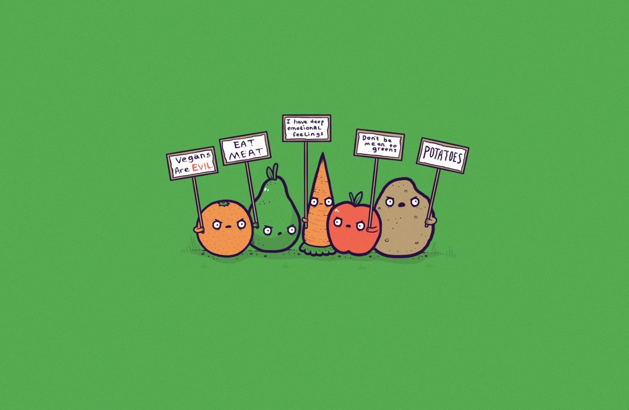 threadless simple veganism orange fruit carrots apples potatoes green signs minimalism Wallpaper