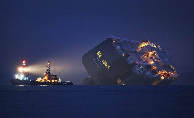 sea ship shipwreck cargo night lights HD Wallpaper Desktop Background