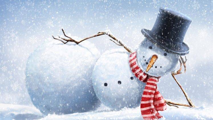 drawing snow winter snowman top hats branch carrots snowflakes HD Wallpaper Desktop Background