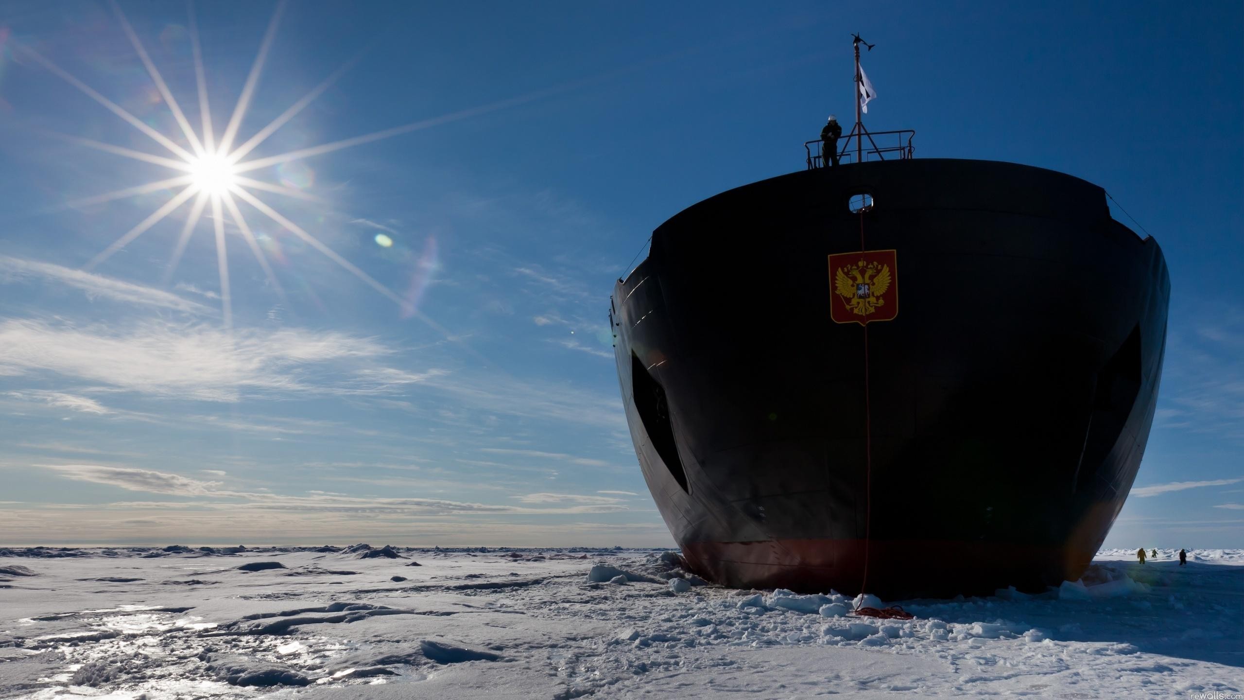 ship cargo shadow winter ice snow russian sun clouds icebreakers men ropes flag coat of arms sunlight Wallpaper