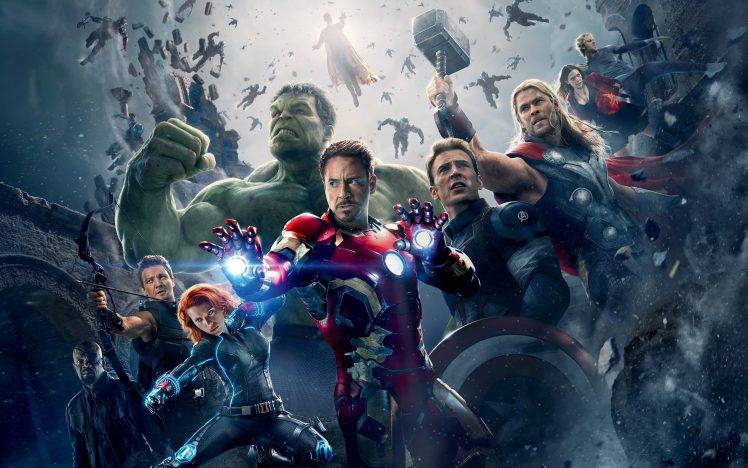 the avengers avengers age of ultron thor hulk iron man captain america black widow hawkeye tony stark scarlet witch quicksilver nick fury the vision HD Wallpaper Desktop Background