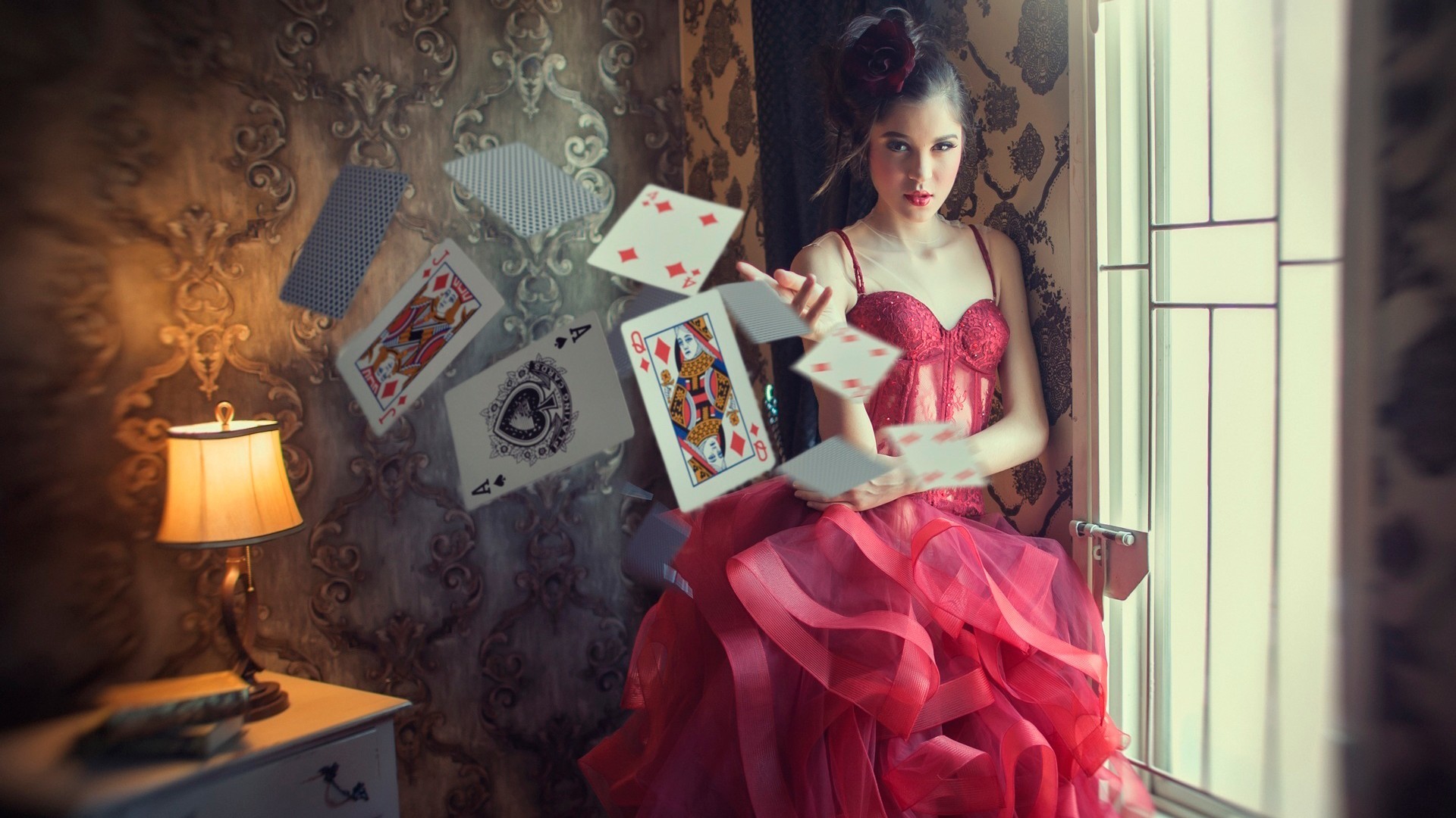 photography red dress room playing cards ace of spades Wallpapers HD / Desktop and Mobile