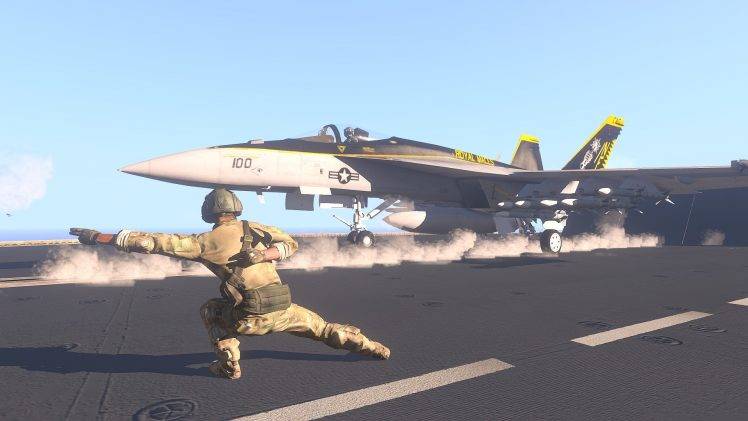 fa 18 hornet arma 3 aircraft carrier jet fighter aim 9 sidewinder aim 120 amraam HD Wallpaper Desktop Background