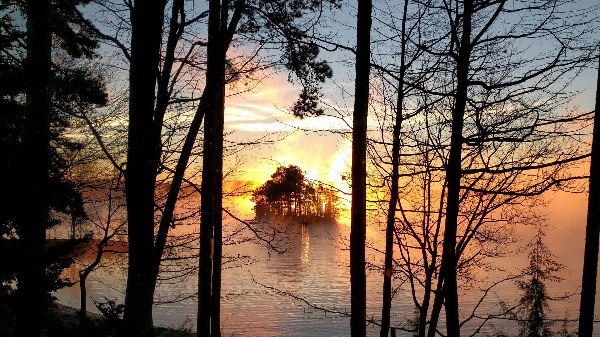 lake keowee south carolina trees island sunset Wallpaper
