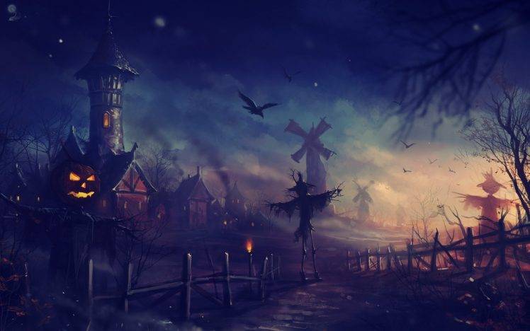 halloween scarecrows pumpkin jack o lantern crow windmills haryarti HD Wallpaper Desktop Background