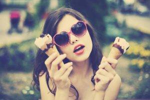 women sunglasses ice cream women outdoors brunette open mouth