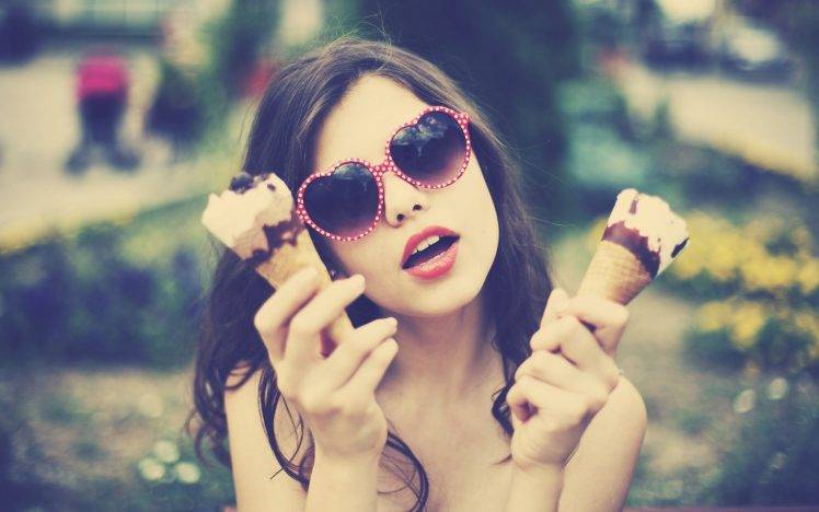 women sunglasses ice cream women outdoors brunette open mouth HD Wallpaper Desktop Background