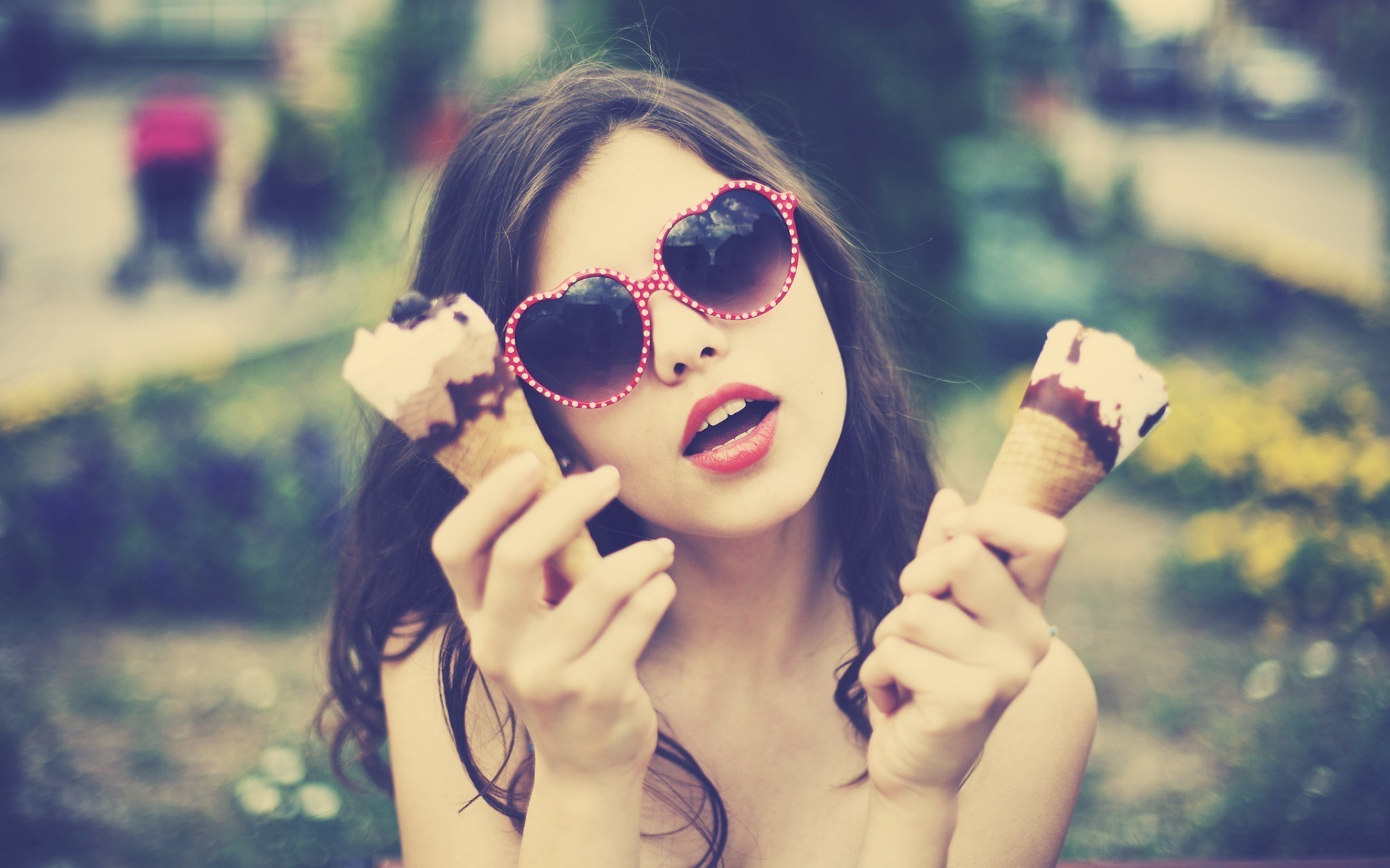 women sunglasses ice cream women outdoors brunette open mouth Wallpaper