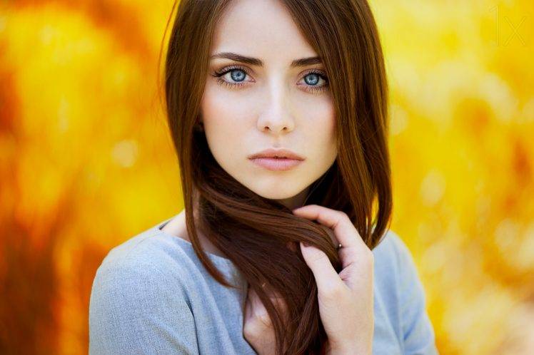 women model blue eyes brunette women outdoors ann nevreva nataly face closeup hands in hair HD Wallpaper Desktop Background